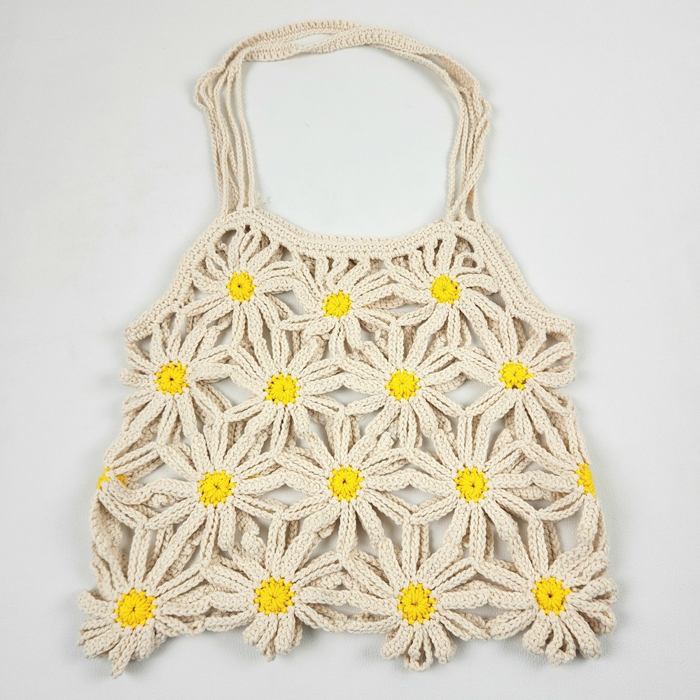 Handmade Crochet Daisy Tote Bag Cream Yellow Boho Cottagecore Floral Bag